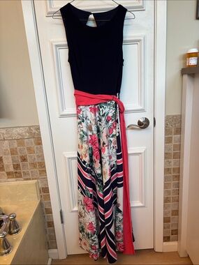 Eliza J Navy, Pink & Floral Maxi Dress with Coral Sash